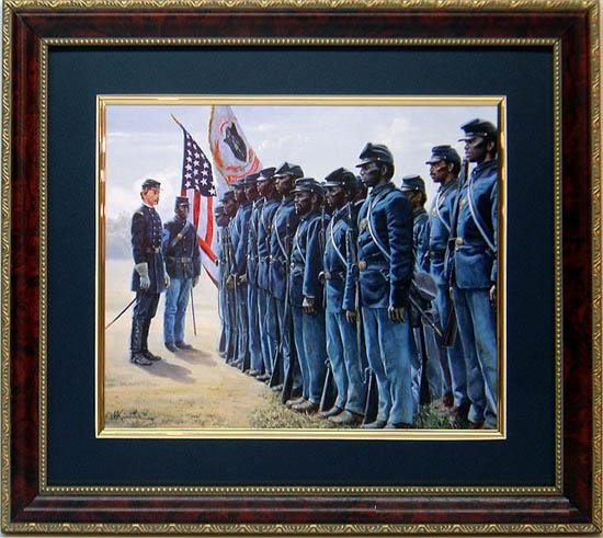 Mort Kunstler Civil War Print Framd 54th Black Regiment: This artwork shows the first black volunteer regiment of the Civil War. * * Artist: Mort Kunstler * Title: "Robert Gould Shaw and the 54th Massachusetts"Medium: Print on acid free canvas textured pape
