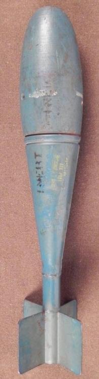 ORIGINAL US 1968 VIET NAM AIR FORCE PRACTICE BOMB-INERT: ORIGINAL U.S. 1968 VIET NAM AIR FORCE PRACTICE BOMB-INERT-MARKED WELL-HEAVY * 23" LONG ORIGINAL 1968 ERA AIR FORCE BOMB--MARKED W/CONTRACT NUMBERS, IDENTIFIED-MARKED INERT-PRACTICE-COLOR BLUE-GREAT DI