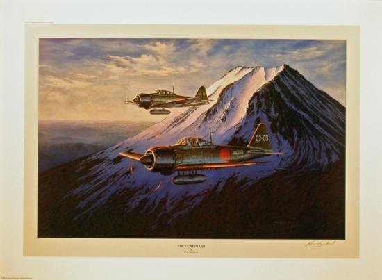 Aviation Art Ross Buckland The Guardians Zero: Sacred Mount Fuji seems to stand with these patroling Zero fighters to protect the homeland. For centuries the Japanese worked to shield their culture from unnecessary unwanted foreign influence. With
