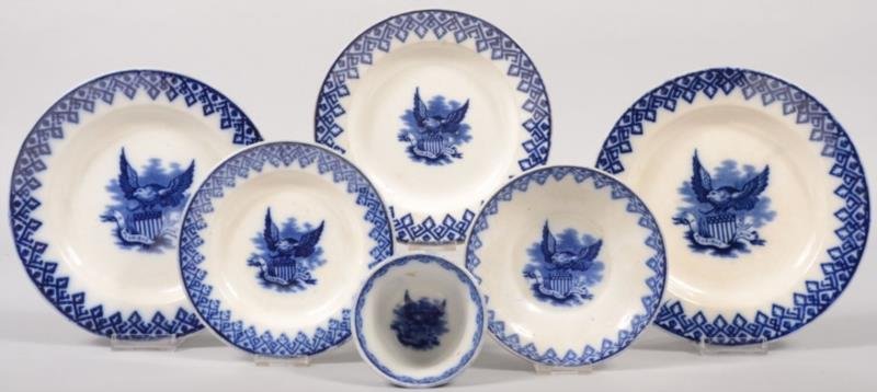 Five Piece Patriotic Blue Decorated Ironstone Dinn: Five Piece Patriotic Blue Decorated Ironstone Dinnerware. All pieces marked with a spread eagle and banner with inGEMin and inR. Hammersley. in All pieces with blue stick spatter pattern rims and spre