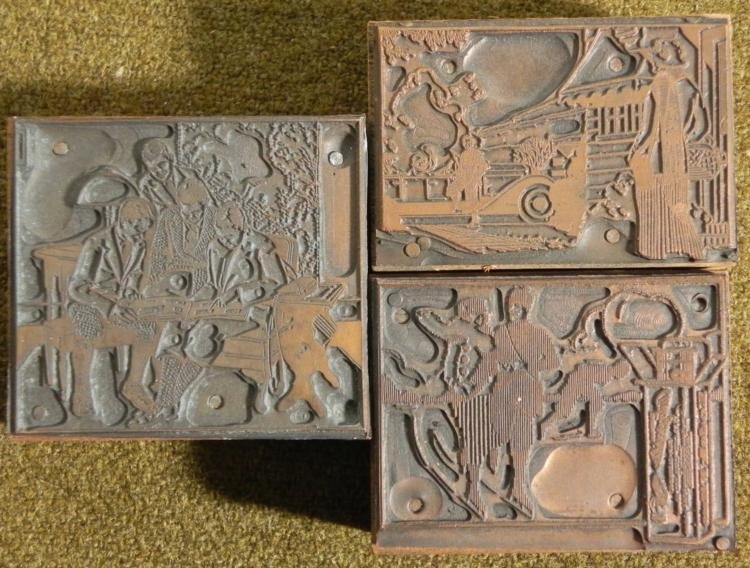 3 Kodak Camera Ad Copper Print Blocks Families 1920s: These three copper printers blocks were made for print advertisements for Kodak cameras around the 1920's. One shows a Kodak film cannister in the foreground, with ice skaters in the background. The o