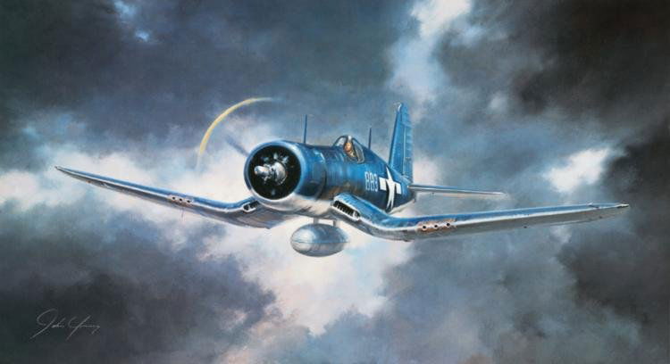 Corsair John Young F4U: "Corsair" by John Young depicts an F4U Corsair as it punches through an open in a darkened sky. This print measures 36" x 22" and has an image size of 33" x 18". This open edition print has never been