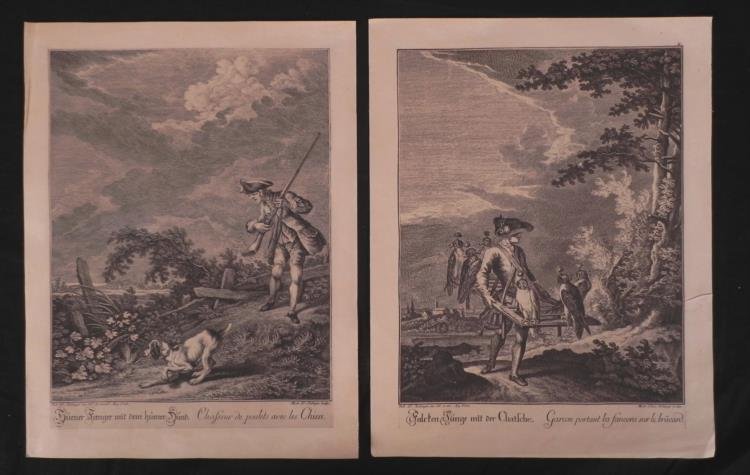 2 Antique French Military Prints w/ Dog & Falcons: These two prints both show the way animals assisted the French military. In one, a dog sniffs out a culprit. In the other, a man with a bevy of falcons is ready for action. * * Artist: Joh. El Ridinge