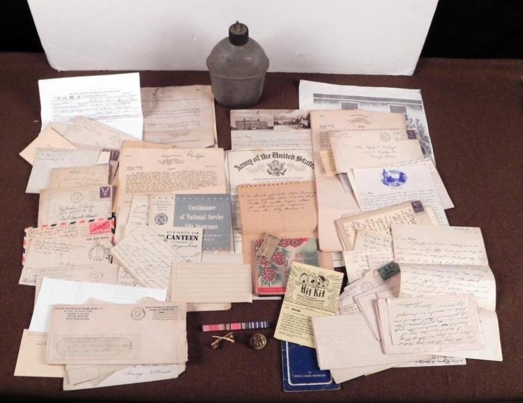 WWII GI'S LOT INSIGNIA, LETTERS, SONGBOOK,CANTEEN DOCS+: LARGE WWII GI'S GROUPING OF INSIGNIA, LETTERS, SONGBOOK,CANTEEN, SERVICE DOCS+ * BOX OF WWII GI'S LETTERS FROM HOME, + MUCH MORE *