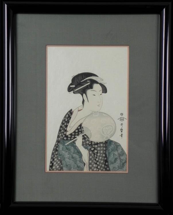 Geisha Portrait Woodblock Print Utamaro Style Framed: This Geisha portrait was made in the style of master woodblock artist Utamaro. With the traditional crane patterned gown and fan, this is a lovely Geisha image. * * * * Medium: Woodblock on rice paper