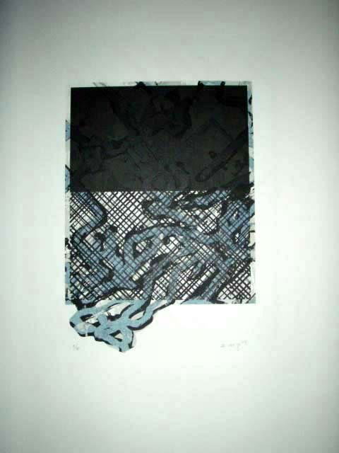 Ed Moses Signed LE Art Print Untitled 7: This print portrays, perhaps, a half open window, and screen, and something mystyerious seeping underneath. * Artist: Ed MosesSignature: Signed by the artistTitle: "Untitled 7"Medium: Lithograph on pa