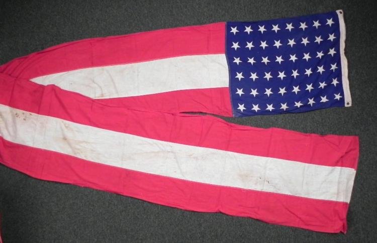 WWII 48 STAR NAVAL US FLAG-2FT X 15FT--2 TOP GROMMETS: WWII 48 STAR NAVAL US FLAG-2FT X 15FT--2 TOP GROMMETS-MULTI-PIECE ORIGINAL-VERY RARE * GREAT HARD TO COME BY US NAVY FLAG *