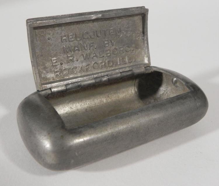Helgjuten Antique Civil War Era Swedish Snuff Box: This is an antique box made by Swedish manufacturer E.R. Walborg in Rockford Illinois. The word Helgjuten, appearing on the lid and inside the box, trasnlates as "cast in one piece," which refers to i