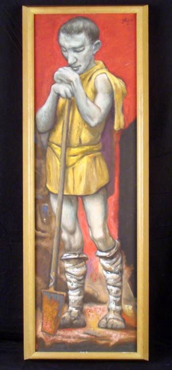 Classical Roman Figure Original Painting Framed: This painting portrays Roman figure with shovel, probably a worker building one of the great monuments of Ancient Rome. Artist: Signed, upper right Medium: Acrylic on boardImage size: 12 x 39 1/2 inch