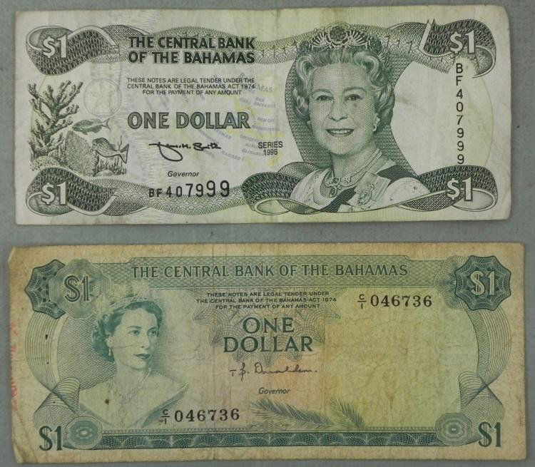 2 Different One Dollar Bahama Notes Bills: 2 Different One Dollar Bahama Notes