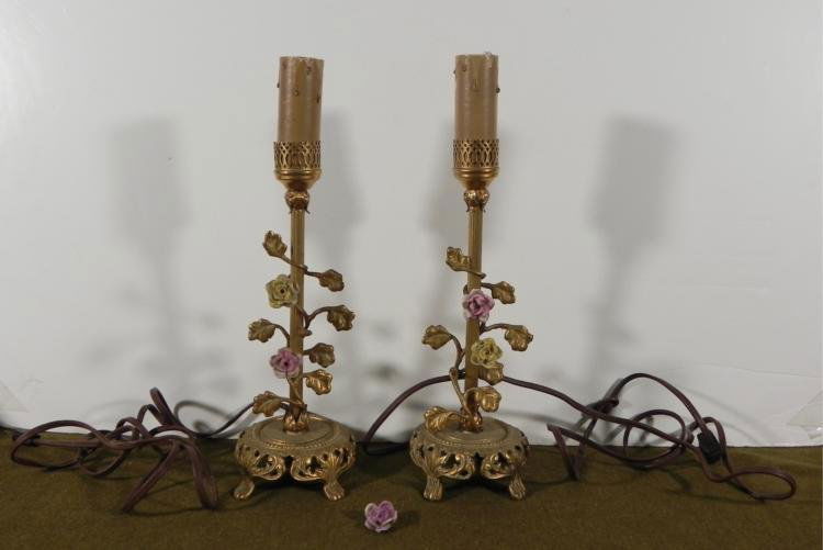 2 VINTAGE CAST BRASS LAMPS--LEAF & FLOWER MOTIF-CANDLE: 2 VINTAGE CAST BRASS LAMPS--LEAF & FLOWER MOTIF--FAUX DRIPPING CANDLE BELOW BULB * APPROX 14" TALL--WITH CORDS--ONE ON-OFF SWITCH NOT PRESENT ON BASE *