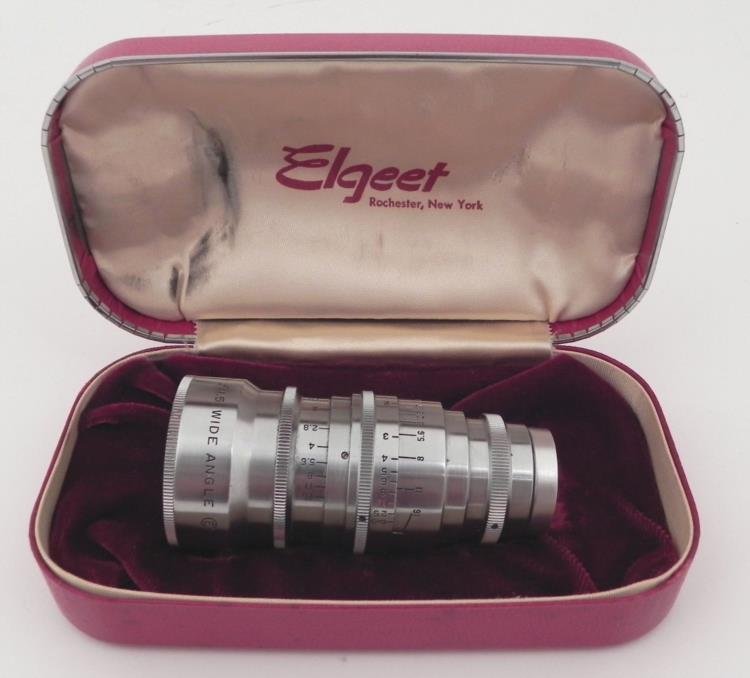 Elgeet Vintage Movie Lens 13mm f:1.5 Wide Angle Lens: This is an Elgeet 13mm wide angle lens for movie cameras. It has not been camera tested, but the rings move, and the optics appear to be in very good condition, and very clean. The aperture is f:1.5. 
