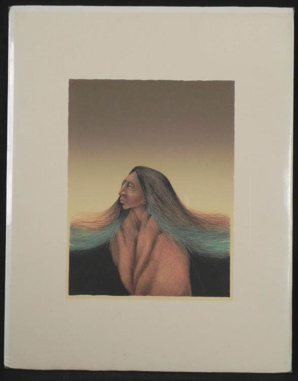 Frank Howell Signed Indian Art Print Old Songs: Soft music is portrayed in this image of the old figure, with flowig hair glowing with a teal blue tint. * * Artist: Frank Howell Signature: In red pencil, upper rightTitle: Spring PromiseMedium: Lith