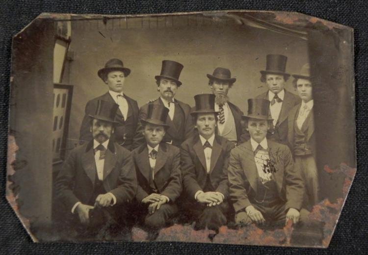 Antique Tintype Photograph Men in Top Hats 1/6 Plt: Here is an antique tintype photographic studio portrait of nine men wearing terrific top hats. The size is 1/6th plate. The condition is good, with some surface wear, and wear near the lower edge. The