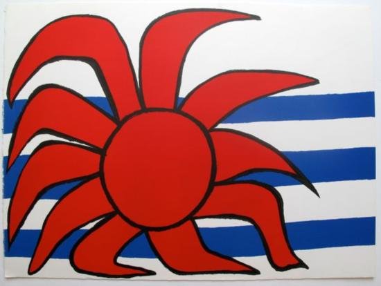 SOLEIL SUR LES VAGUES 1973 Lithograph Alexander Calder: This is a lithograph titled "SOLEIL SUR LES VAGUES" by Alexander Calder. Beautiful art piece on extra thick paper with gorgeous vibrant colors. Sheet measures 15" x 11.5". Published in 1973 by XXE in