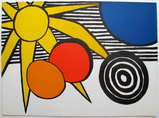SUN WITH PLANETS 1973 Lithograph Alexander Calder: This is a lithograph titled "SUN WITH PLANETS" by Alexander Calder. Beautiful art piece on extra thick paper with gorgeous vibrant colors. Sheet measures 20.5" x 28". Published in 1973 by XXE in Paris