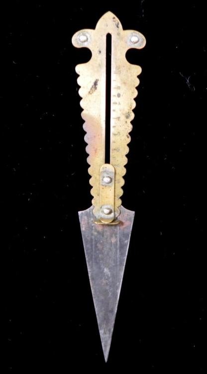 Unusual Antique Brass Measuring Device: This is an Antique Brass Measuring Device with unusual design. A blade slides out to measure the depth of an item, and the measurement is counted in eighths of an inch as marked on front. This might h