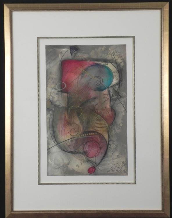 Eric Waugh Original Mixed Media Art Ling A1 Framed: The various shapes and colors make this a pleasant image. The swirls done deeply in paint present a 3-dimensional effect. * * Artist: Eric Waugh * Signature: In gold paint pen, lower right * Medium: M