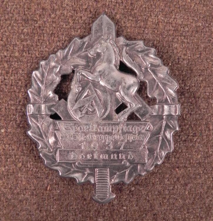 LARGE NAZI SA STORMTROOPERS BADGE -1937 SPORTSDAY: LARGE * NAZI SA STORMTROOPERS BADGE -1937 SPORTSDAY-DORTMUND * * 2 1/4 X * 1 3/4"---EARLY 1937 SPORTS DAY FOR THE STORM TROOPERS OF DORTMUND-SHOWS * SA INSIGNIA-WREATH-SWORD AND HORSE