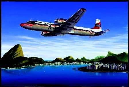 Aviation Art Seven Seas to Rio Machat DC-7: One of the last of the majestic propliners, a Douglas DC-7C operated by Braniff International Airways climbs out of Rio de Janeiros' Galeao Airport. Named for its ability to span all oceans, the Dougl