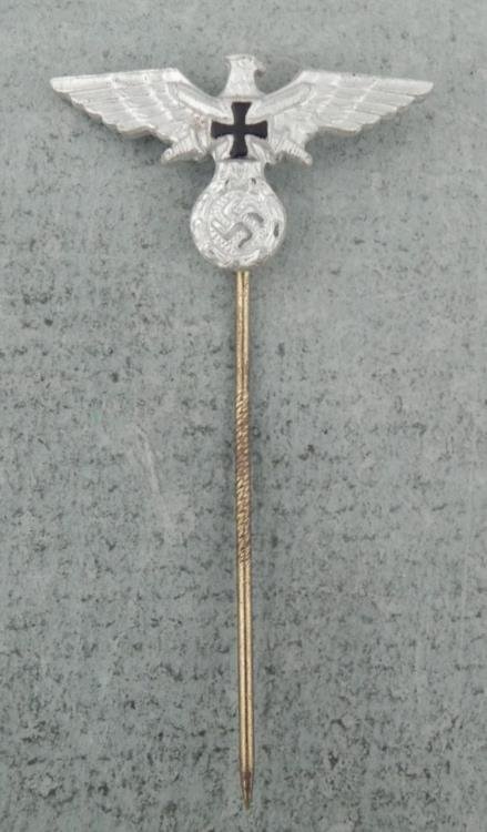NAZI EAGLE/SWASTIKA/IRON CROSS MEMBERS STICKPIN-MKD-ORI: NAZI EAGLE/SWASTIKA/IRON CROSS MEMBERS STICKPIN-MKD-ORIG * * ORIGINAL-KNURLED PIN--MARKED GES GESCH-NICE HIGHLIGHTING TO SWASTIKA *
