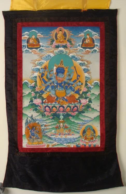 Buddhist & Hindu Silk Screen Scroll Tapestry w/Shiva: This is a silk screen scroll tapestry with both Buddhist & Hindu imagery. The size is 24 x 39 3/4 inches, and it hangs from a wooden stick. This very colorful tapestry is also considered lucky. At