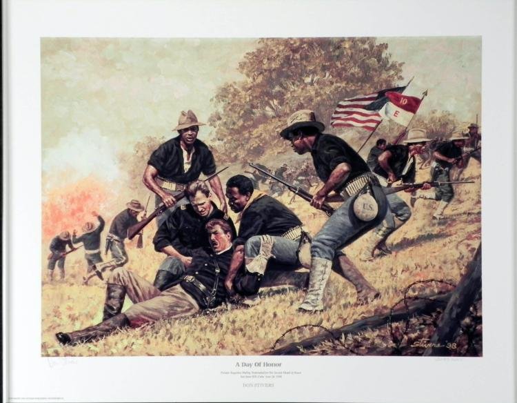 Don Stivers Signed and Numbered A Day of Honor Print: During the Battle of Las Guasimas, Cuba, June 24, 1898, Major Bell of the 1st Cavalry had gone down with a wound to the leg. Captain C. G. Ayers attempted to carry him from the field, but his sh