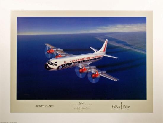 Aviation Art Electra Machat airliners: While the Boeing and Douglas aircraft companies were concentrating on their respective new jetliners, the task of developing America's first turbo-prop airliners fell to the Lockheed Aircraft Company,