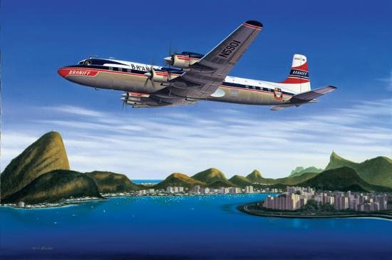 Seven Seas to Rio Mike Machant Aviation Art Signed: One of the last of the majestic propliners, a Douglas DC-7C operated by Braniff International Airways climbs out of Rio de Janeiros' Galeao Airport. Named for its ability to span all oceans, the Dougl