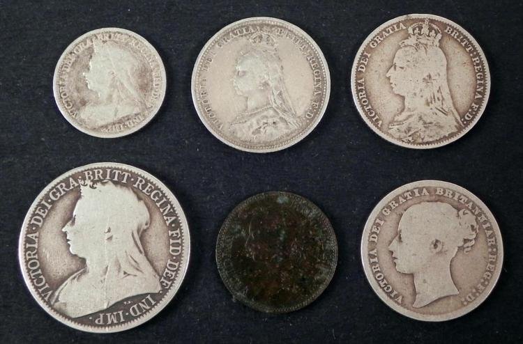 6 Very Old Great Britain Silver Coins Shilling Farthing: 6 Very Old Great Britain Silver Coins * * 1901 2 shilling * 1886 farthing * 1901 silver 6 pence * 1887 silver 6 pence * 1897 one shilling * 1892 silver half crown