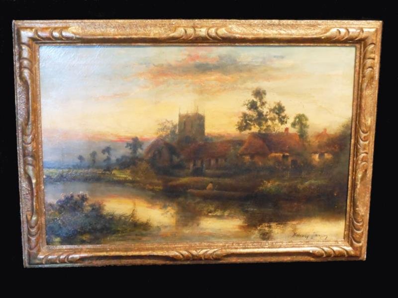 Oil On Canvas By WILLIAM LANGLEY 1852-1922: Oil On Canvas By WILLIAM LANGLEY 1852-1922. Village At Sunset Signed Bottom Right Dimensions: Frame 70 x 49 : Canvas 60 x 39.
