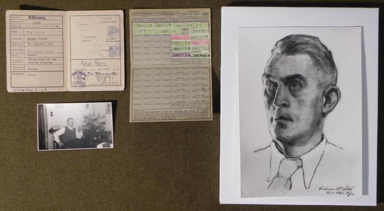 4) NAZI ITEMS ROBERT PETERS THE DAF 1944 SKETCH PHOTO: HERE IS A RARE ORIGINAL GROUPING OF 4 NAZI ITEMS OF ROBERT PETERS OF THE DAF/1944 SKETCH, TWO ID'S & PHOTO. * THIS IS AN ORIGINAL GROUPING OF NAZI DAF/TODT OFFICER ROBERT PETERS. THERE IS A LARG