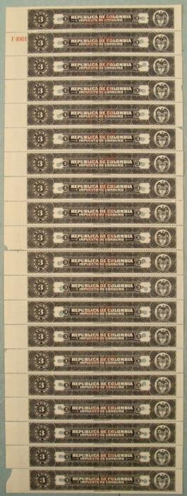 20 Colombia Plate Block Specimen Tax Stamps 3 Centavos: This is a plate block of (20) 3 Centavos tax stamps from Republic De Colombia, marked "IMPUESTO DE CONSUMO." Each has a red "SPECIMEN" overprint and security punch. They are marked "American Ban