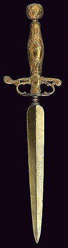 Mammoth Highly Ornate French Sash Dagger: Mammoth highly ornate French sash Dagger (Circa 1790-1820). Gold toned remains on grip with delicate fastening to double edged spear point blade. One of a kind royal dagger.