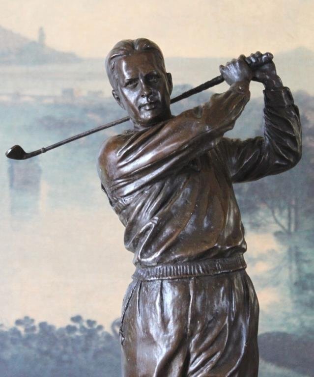 Striking Bobby Jones Golfer Bronze Sculpture: Striking Bobby Jones Golfer Bronze Sculpture After Ron Tunison 15.5H x 6.5W x 6.5D 14 lbs. This bronze sculpture was produced using the "Lost Wax" casting method. The "Lost Wax" Cast method is the mos