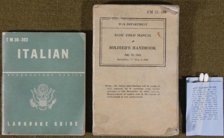 WWII GI FIELD MANUAL- ITALIAN LANGUAGE GUIDE AND Q-TIPS: OFFERED HERE IS A WWII G I FIELD MANUAL WITH ITALIAN LANGUAGE GUIDE & HEAD CLEANING STICKS (GI FOR Q-TIPS). THE HEAD CLEANING STICKS PAPER EXPLANATION WAS PRINTED IN JAPAN. * *