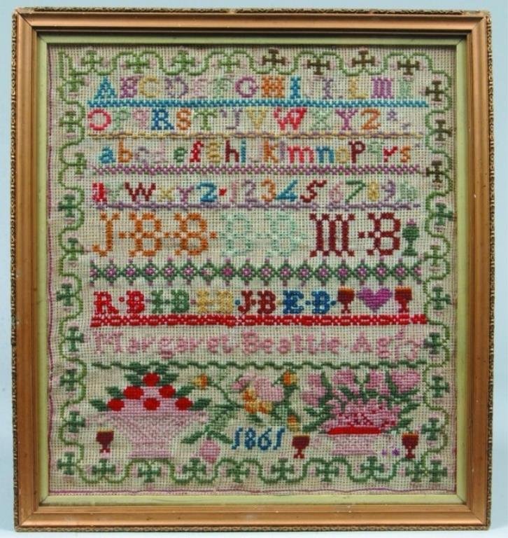 Framed Sampler: Framed Sampler, measures approx 11"w. x 12"h. site size; Two alphabet and one number exercises with a series of letters, probably initials of family members, with several different geometr