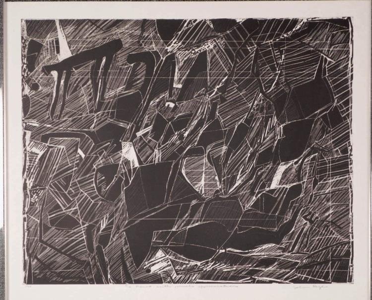 John Byle Signed Artist Proof Print B & W Abstract: This is a fine abstract, busy with contrasting lines and forms. * * * Artist: John Byle * Signature: In pencil, lower right * Medium: Lithograph on rag paper * Edition: Unnumbered, dedicated artist's