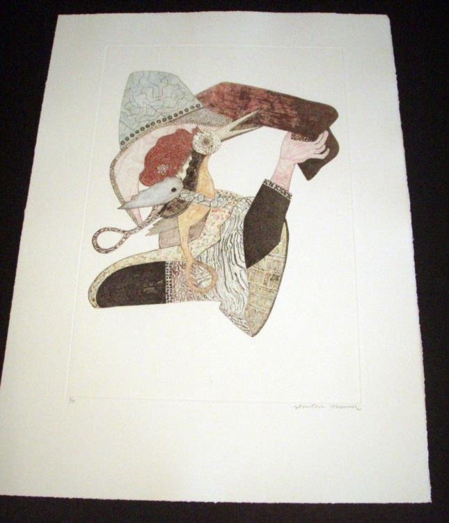 Jonathan Hammer Art Print w/Skulls Kovno 12: A bird and a hand are the subject of this surrealistic art print, the dream-like images adorned with jewels and exotic fabrics. * * Artist: Jonathan Hammer * Title: Kovno 12 * Medium: Etching on paper