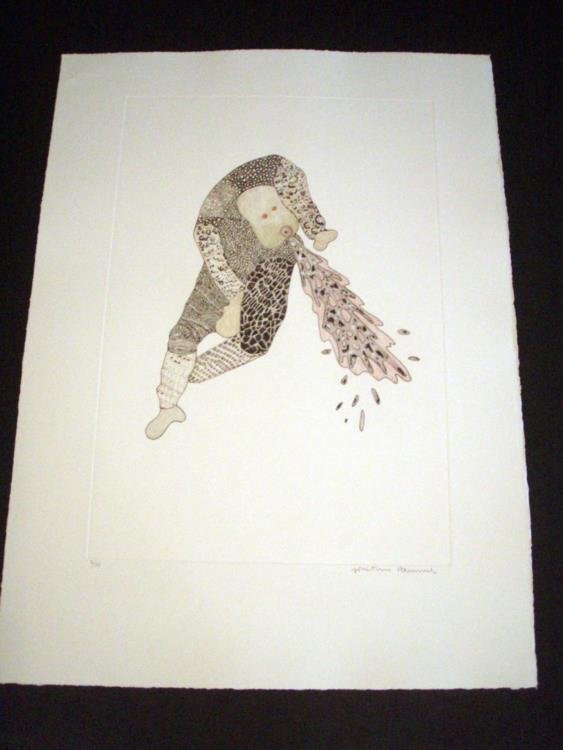 Jonathan Hammer Art Print Spewing Figure Kovno 6: In this art print, a stumbling figure, its body a patchwork of patterns, leans forward and spews forth a stream of unpleasantness. * * Artist: Jonathan Hammer * Title: Kovno 6 * Medium: Etching on pap