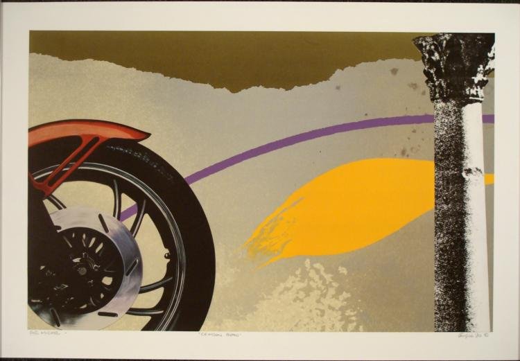 Michael Kirigu Crimson Beau Signed Art Print: This print portrays what happens when you try to burn rubber on a motorcycle... * Artist: Michael KiriguTitle: "Crimson Beau" Condition: Excellent Size: 24 1/2" x 36"Medium: Print on paper Date: 1980