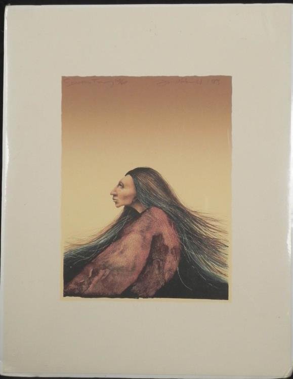 Frank Howell Signed Indian Art Print Seasons Turning: The change of the seasons is observed by this wise native figure, with earthy tones and flowing lines. * * Artist: Frank Howell Signature: In red pencil, upper rightTitle: Spring PromiseMedium: Lithog