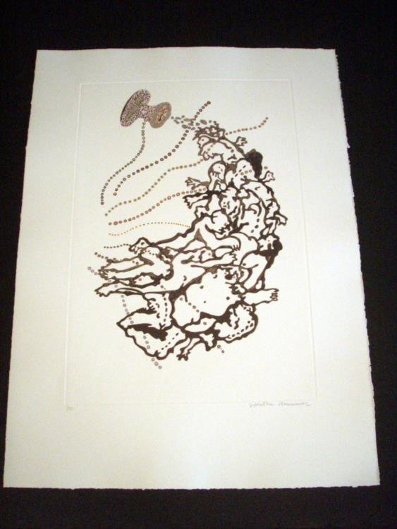 Jonathan Hammer Art Print Surreal Sucking Kovno 2: A curving mass of bodies appears to be getting sucked into a small opening in this fantastic, surrealistic art print. * * Artist: Jonathan Hammer * Title: Kovno 2 * Medium: Etching on paper * Size: 30