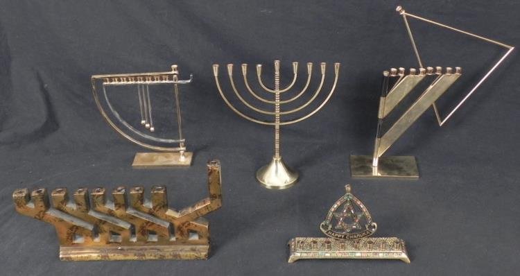 5 Chanukah Menorahs: Old, Traditional, Modern, 14K GP: This is a lot of 5 Chanukah Menorahs in a variety of styles, from old to traditional to modern. All are metal, in gold tone. All are in excellent condition, some used. They range in size from 8" to 14