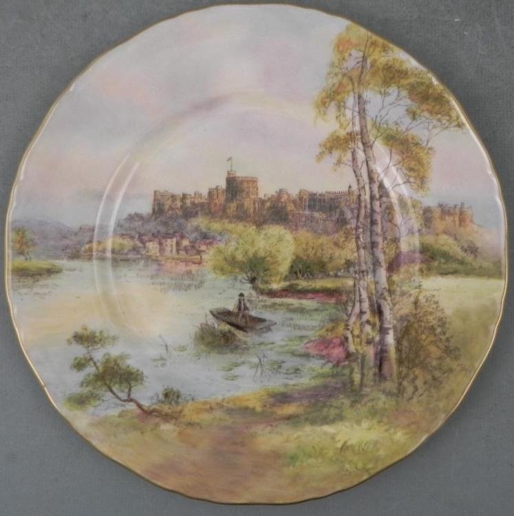 Royal Worcester Windsor Castle Plate England: This plate provides a pleasant view of Windsor Castle with a boat on the river, and one of the Queens homes in the background. The plate is from Royal Worcester, a company that closed their factory in