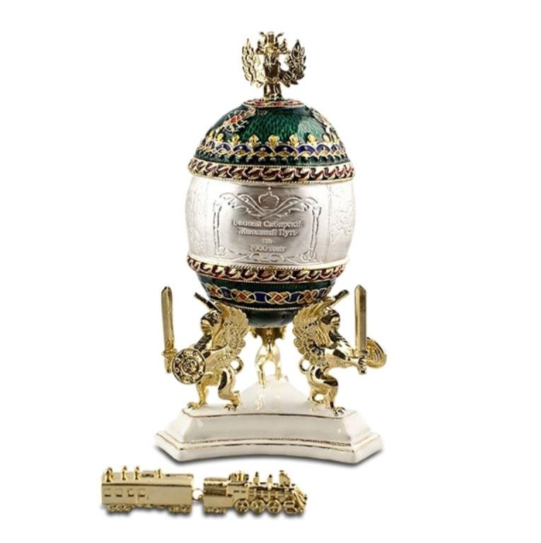 Trans-Siberian Railway Faberge Inspired Egg: Nicholas II, as the Tsarevich, layed the foundations for work on the construction of the Siberian Railway, when he and his brother George reached Vladivostok on the final part of their ove