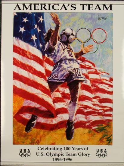 Olympic Soccer Americas Team USA Luongo 1996 Atlanta: This soccer poster was made in 1996 to celebrate 100 years of U.S. Olympic team glory:Title: "America's Team" Artist: Aldo Luongo Poster on glossy paper 18 × 24 Excellent condition; has been stor
