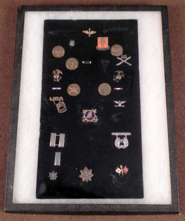 MILITARY INSIGNIA-COLLAR BRASS, MARINES, SEEBEES 23 PCS: FRAMED COLLECTION OF MILITARY INSIGNIA-COLLAR BRASS, MARINES, SEEBEES++ * NICE COLLECTION OF DISTINCTIVE INSIGNIAS, SHOOTING AWARD, COLLAR BRASS, RANK INSIGNIA+--23 PCS & CASE *