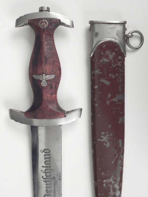 NAZI DAGGER STORMTROOPERS EARLY-ENGRAVED BLADE, E-PACK: NAZI "SA" DAGGER-ORIG STORMTROOPERS EARLY-ENGRAVED BLADE-E PACK & SOHN MAKER * * NICE ORIGINAL WARTIME SURRENDER BRINGBACK--BRIGHT EARLY BLADE-ENGRAVED "ALLES FUR DEUTSCHLAND" (ALL FOR GERMANY" DE