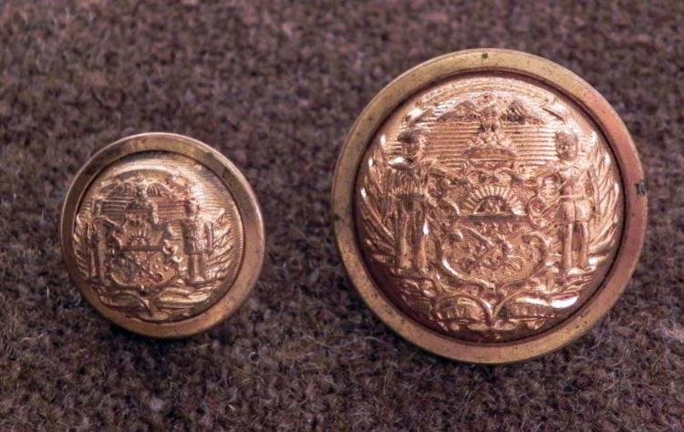 2 Antique Gilt State Buttons Civil War New York: 2 different size New York Civil War era State Antique Tunic Buttons in gilt * * New York: Obverse: Figures and shield with eagle; Reverse: A.P. DAVIS PAT'D NOV 20TH, 1888, the larger marked PITTSBURGH